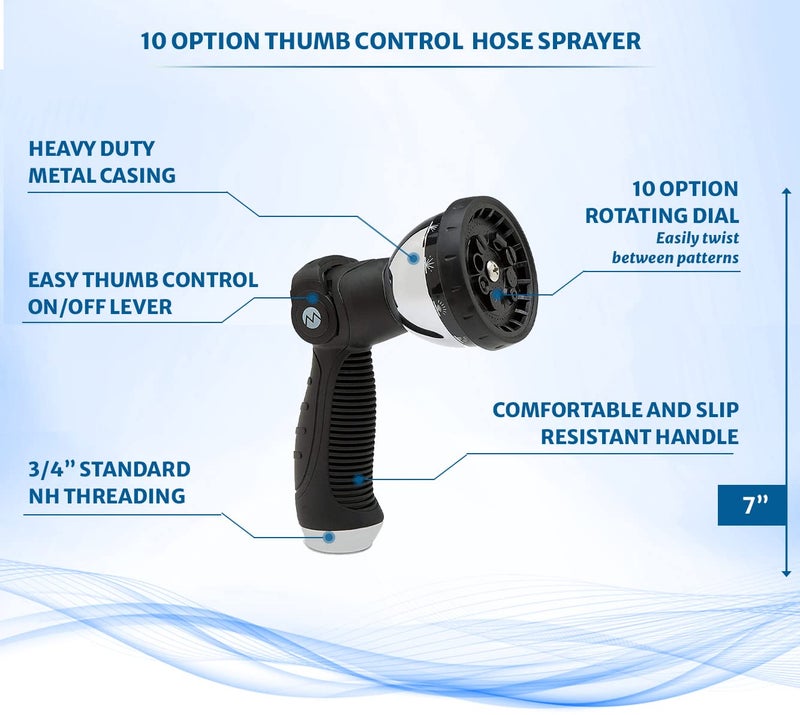 Morvat Garden Hose Nozzle Sprayer with 10 Spray Patterns, Slip Resistant Thumb Controlled Grip with On/Off Lock, Heavy-Duty High Pressure Water - Flow Control for Plants, Lawn, Pets, Cars - 2-PACK - Image 2